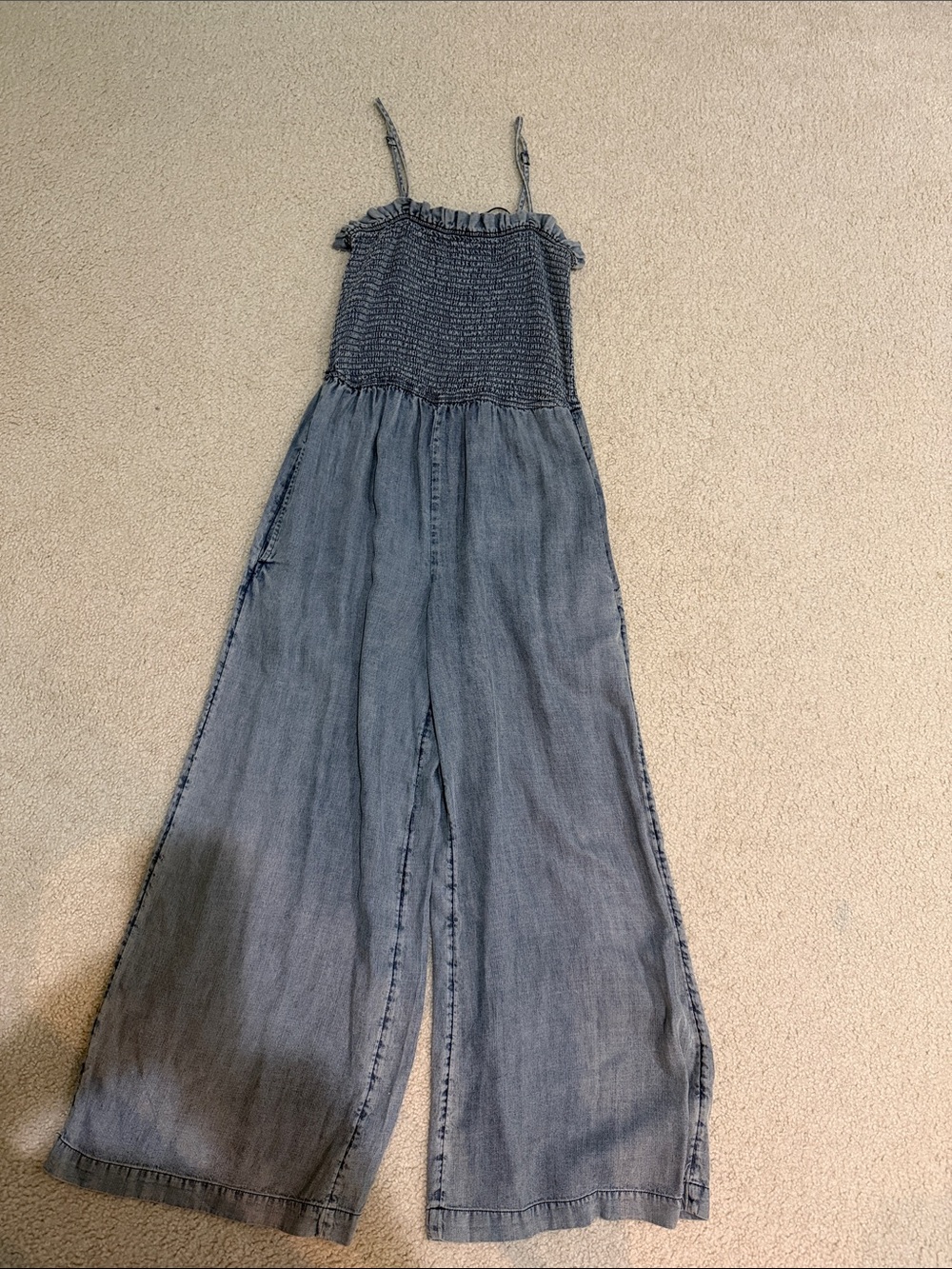 Smocked Chambray Wide-Leg Jumpsuit - Blue